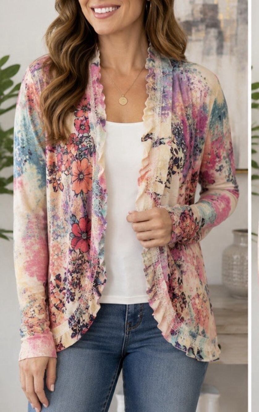 Mushka By Siena Rose Size L Floral Watercolor Cardigan Open Front Lace Trim Boho